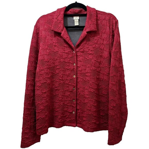 2/$30 J Jill Stretch Embroidered Button Up Thick Shirt Shacket L Red Stretch - Picture 1 of 12